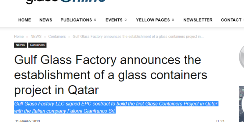 Gulf Glass Factory LLC signed EPC contract to build the first Glass Containers Project in Qatar with the Italian company Falorni Gianfranco Srl.